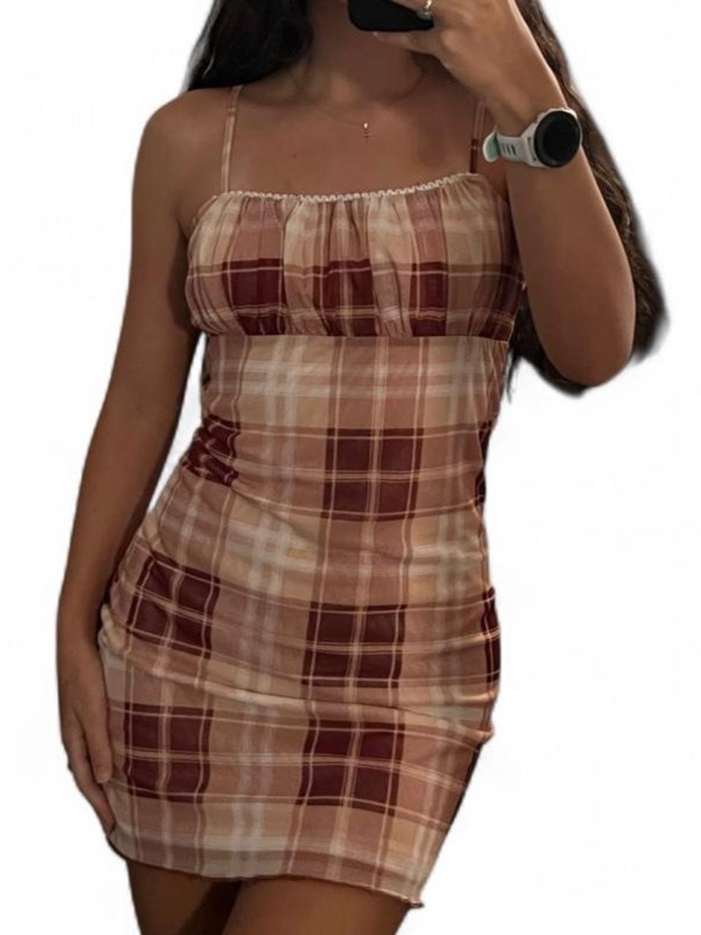 Plaid Bodycon Spaghetti Strap Mini Dress in Burgundy & Cream